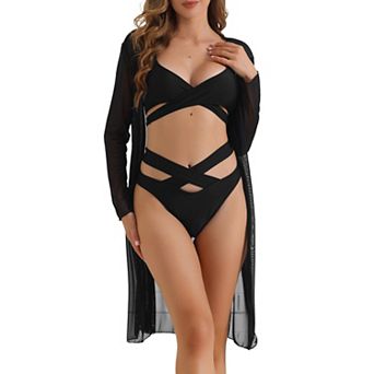 Women's Cut Out Criss Cross Adjustable Straps Bikini Sets, 3 pc Triangle Bottoms Swimwear Suits