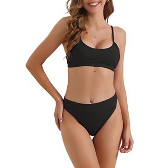 Women's Adjustable Spaghetti Straps Bikini Sets, 2 pc Ribbed High Waist Bottoms Swimwear Suits