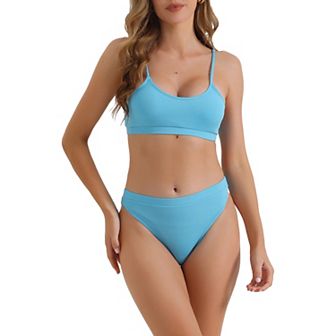 Women's Adjustable Spaghetti Straps Bikini Sets, 2 pc Ribbed High Waist Bottoms Swimwear Suits