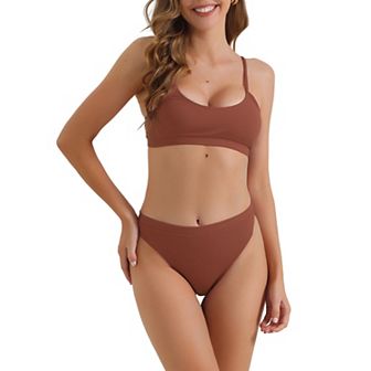 Women's Adjustable Spaghetti Straps Bikini Sets, 2 pc Ribbed High Waist Bottoms Swimwear Suits