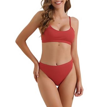 Women's Adjustable Spaghetti Straps Bikini Sets, 2 pc Ribbed High Waist Bottoms Swimwear Suits