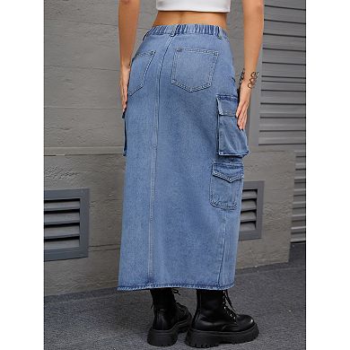 Women's Denim Skirt Front Split Button Front Elastic Waist Streetwear Flap Pockets Cargo Jean Skirts