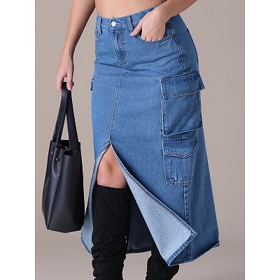 Women's Denim Skirt Front Split Button Front Elastic Waist