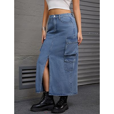 Women's Denim Skirt Front Split Button Front Elastic Waist Women's Denim Skirt Front Split Button Front Elastic Waist