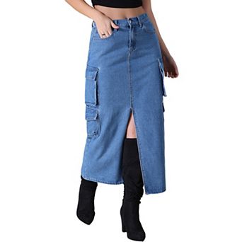 Women's Denim Skirt Front Split Button Front Elastic Waist Streetwear Flap Pockets Cargo Jean Skirts