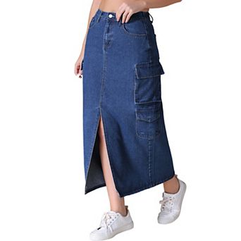 Women's Denim Skirt Front Split Button Front Elastic Waist Streetwear Flap Pockets Cargo Jean Skirts
