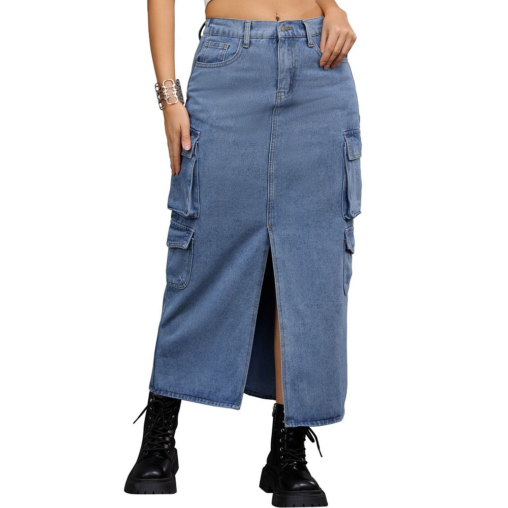 Women's Denim Skirt Front Split Button Front Elastic Waist Streetwear Flap Pockets Cargo Jean Skirts