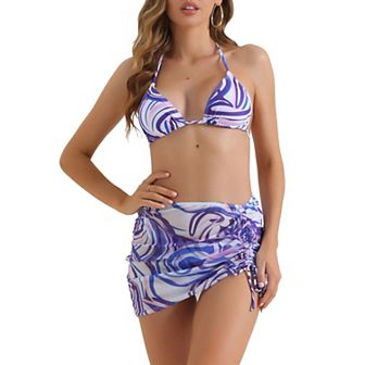 Women's Halter Contrast Color Bikini Sets, 3 pc Tie Back Swimwear Triangle Bottoms Bathing Suits