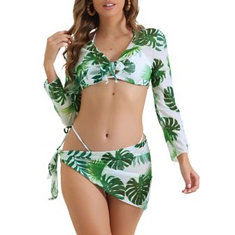 Women's Drawstring Halter Bikini Sets, 4 pc Tie Back Swimsuit Triangle Bottoms Cover Up Tops