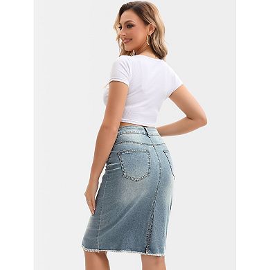 Women's Denim Skirt Raw Hem High Waisted Pockets Stretch Knee Length Jean Skirts