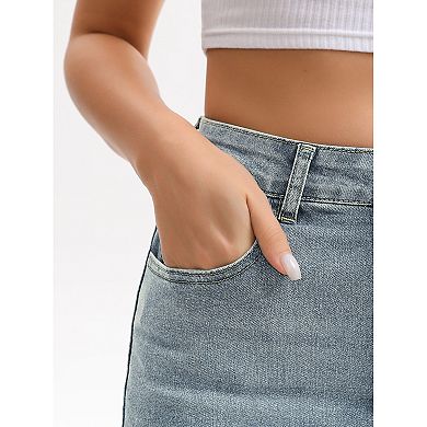 Women's Denim Skirt Raw Hem High Waisted Pockets Stretch Knee Length Jean Skirts