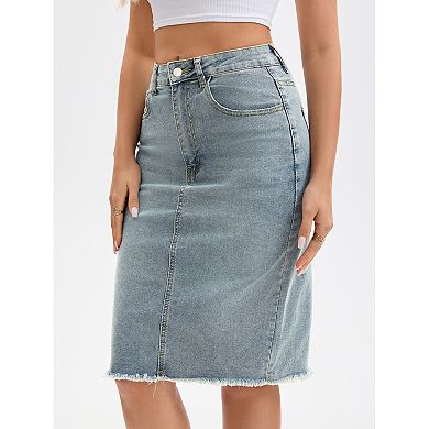 Women's Denim Skirt Raw Hem High Waisted Pockets Stretch Knee Length Jean Skirts