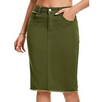 Women's Denim Skirt Raw Hem High Waisted Pockets Stretch Knee Length Jean Skirts