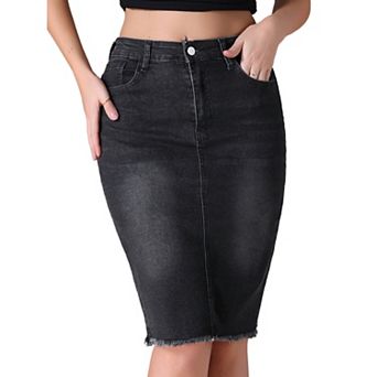 Women's Denim Skirt Raw Hem High Waisted Pockets Stretch Knee Length Jean Skirts