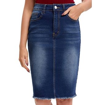 Women's Denim Skirt Raw Hem High Waisted Pockets Stretch Knee Length Jean Skirts