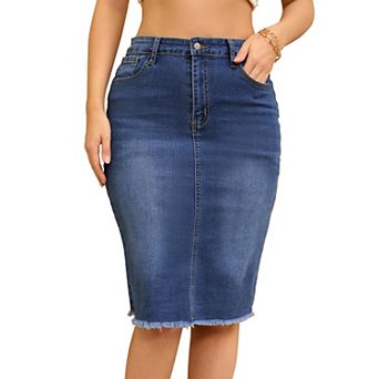 Women's Denim Skirt Raw Hem High Waisted Pockets Stretch Knee Length Jean Skirts