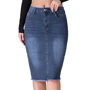 Women's Denim Skirt Raw Hem High Waisted Pockets Stretch Knee Length Jean Skirts