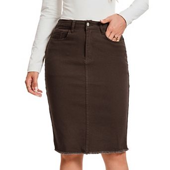 Women's Denim Skirt Raw Hem High Waisted Pockets Stretch Knee Length Jean Skirts