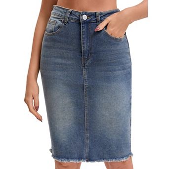 Women's Denim Skirt Raw Hem High Waisted Pockets Stretch Knee Length Jean Skirts