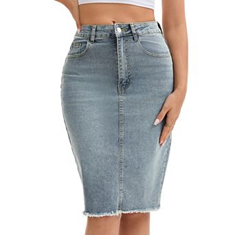 Women's Denim Skirt Raw Hem High Waisted Pockets Stretch Knee Length Jean Skirts