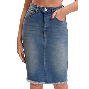 Women's Denim Skirt Raw Hem High Waisted Pockets Stretch Knee Length Jean Skirts
