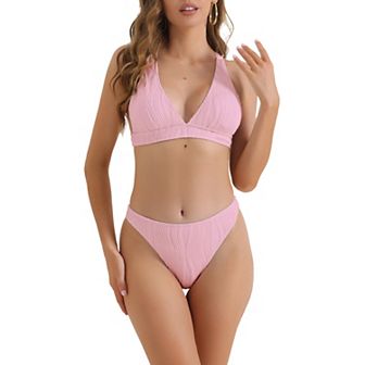 Women's V Neck Crisscross Bikini Sets, 2 pc Back Drawstring Triangle Bottoms Swimwear Suits