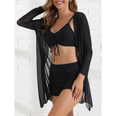 Women's Twist Ruched Bikini Sets, 3 Pieces Adjustable Straps Boyshort Cover Up Dresses Bathing Suit