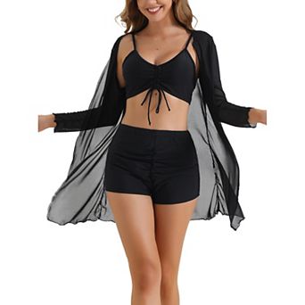 Women's Twist Ruched Bikini Sets, 3 pc Adjustable Straps Boyshort Cover Up Dresses Bathing Suit