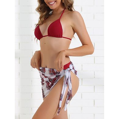 Women's Triangle Halter Bikini Sets, 3 Piece High Cut Thong Leaf Print Cover Up Skirt Swimwear Suits