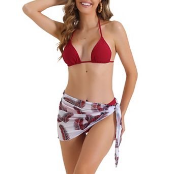 Women's Triangle Halter Bikini Sets, 3 pc High Cut Thong Leaf Print Cover Up Skirt Swimwear Suits