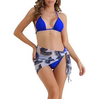 Women's Triangle Halter Bikini Sets, 3 pc High Cut Thong Leaf Print Cover Up Skirt Swimwear Suits