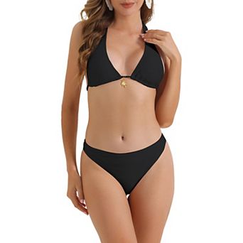 Women's Halter Ribbed Bikini Sets, 2 pc Wide Strap Tie Back Triangle Bottoms Swimwear