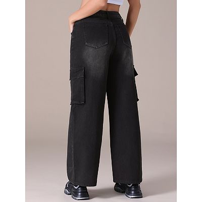 Women's Cargo Jean High Waisted Casual Baggy Wide Leg Denim Pants