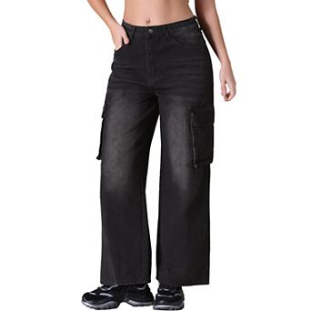 Women's Cargo Jean High Waisted Casual Baggy Wide Leg Denim Pants with Pocket