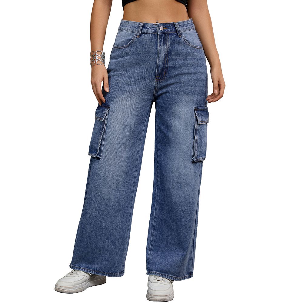 Women's Wide Leg Cargo Pants, Elastic Waist, Denim Look, Casual Style