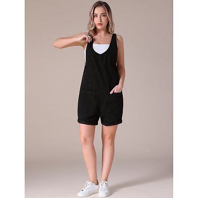 Women's Denim Romper Sleeveless Casual Loose Jean Overall Shorts with Pockets