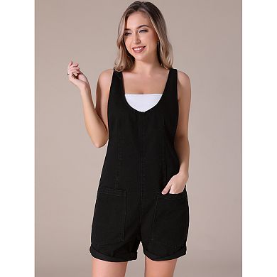 Women's Denim Romper Sleeveless Casual Loose Jean Overall Shorts with Pockets