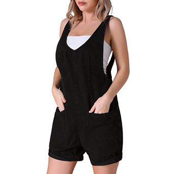 Women's Denim Romper Sleeveless Casual Loose Jean Overall Shorts with Pockets