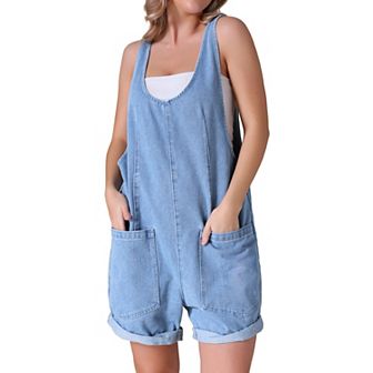 Women's Denim Romper Sleeveless Casual Loose Jean Overall Shorts with Pockets