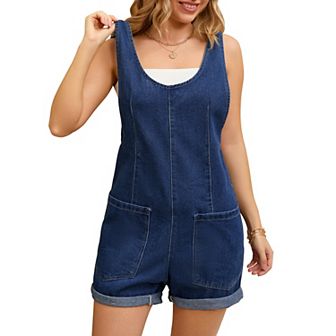 Women's Denim Romper Sleeveless Casual Loose Jean Overall Shorts with Pockets