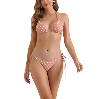 Women's Polka Dots Halter Bikini Sets, 2 pc Double Tie Back Triangle Bottoms Swimwear