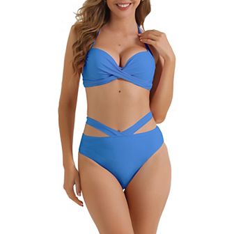 Women's Push Up Halter Bikini Sets, 2 pc Wide Criss Cross Bandage Triangle Bottoms Swimwear Suits