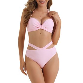 Women's Push Up Halter Bikini Sets, 2 pc Wide Criss Cross Bandage Triangle Bottoms Swimwear Suits
