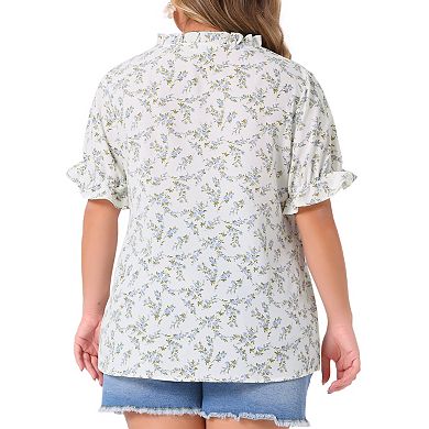 Plus Size Summer Tops for Women Floral V Neck Ruffle Puffy Short Sleeve Casual Blouse