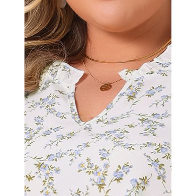 Plus Size Summer Tops for Women Floral V Neck Ruffle Puffy Short Sleeve Casual Blouse