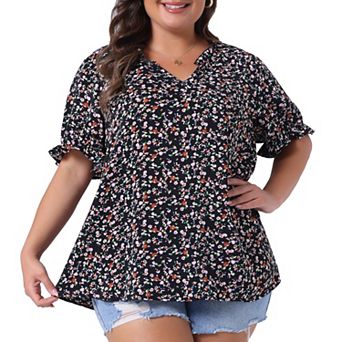 Plus Size Summer Tops for Women Floral V Neck Ruffle Puffy Short Sleeve Casual Blouse