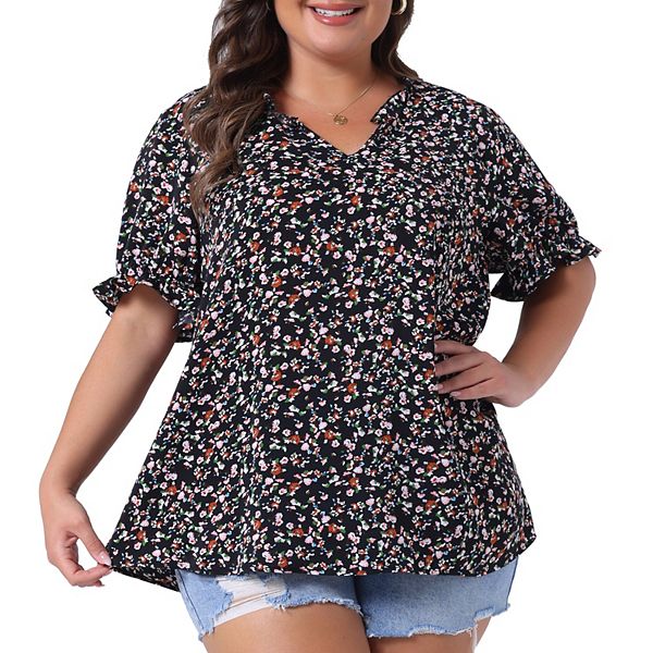 Plus Size Summer Tops for Women Floral V Neck Ruffle Puffy Short Sleeve ...