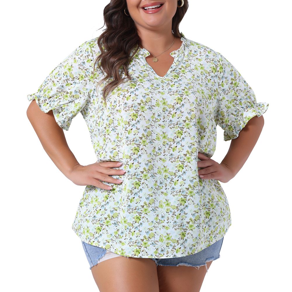 Plus Size Summer Tops for Women Floral V Neck Ruffle Puffy Short Sleeve ...