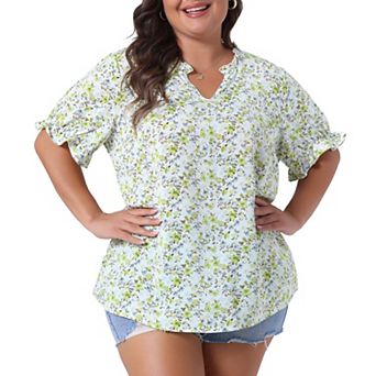 Plus Size Summer Tops for Women Floral V Neck Ruffle Puffy Short Sleeve Casual Blouse