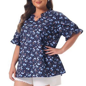 Plus Size Summer Tops for Women Floral V Neck Ruffle Puffy Short Sleeve Casual Blouse